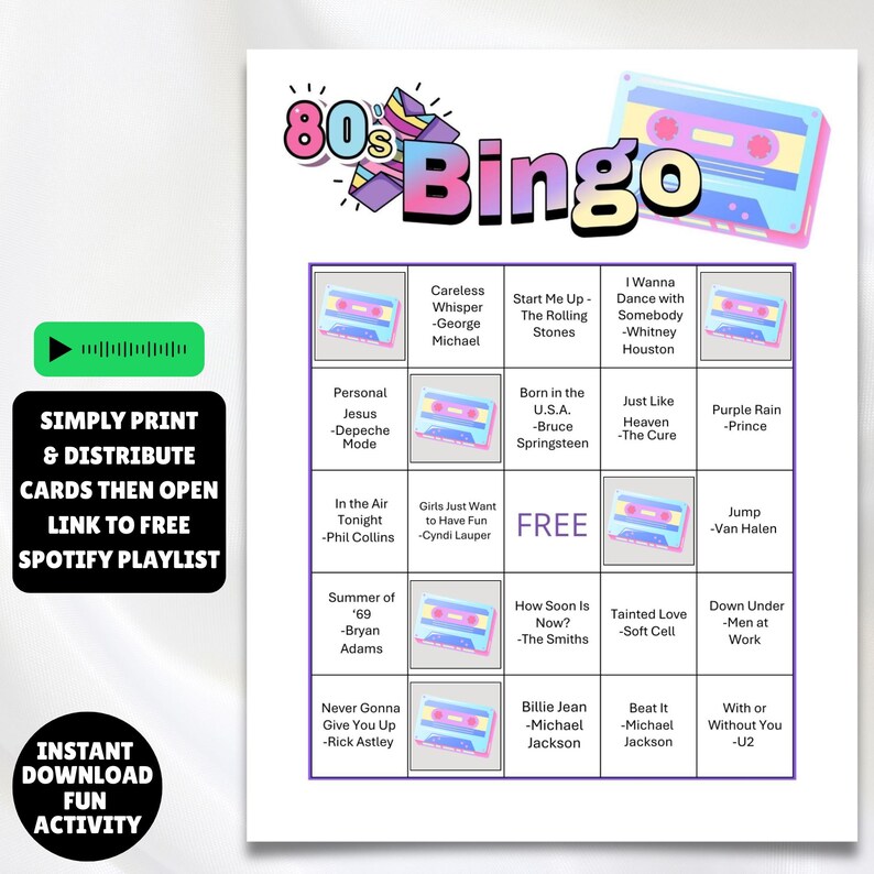 printable 1980s music party bingo cards 100 unique cards instructions and a Spotify music playlist all you have to do is print, and click on the link to set up the game, great for birthdays, 80s parties, senior centers retro parties and more 1980s greatest hits bingo!
