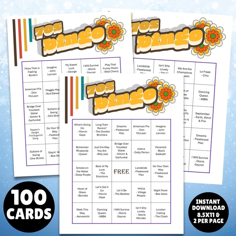 1970s music playlist bingo game 100 unique printable cards plus a Spotify music playlist of the 1970s top 50 greatest hits