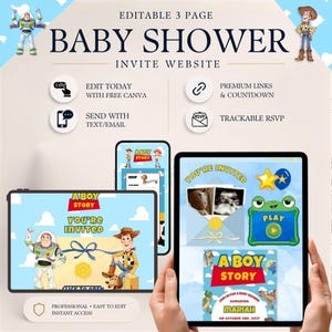 Pode incluir: Um modelo de site de convite para chá de bebê de três páginas editáveis com os personagens de Toy Story, Buzz Lightyear e Woody. A tela digital mostra layouts de convite com céus azuis, nuvens e texto incluindo A BOY STORY.