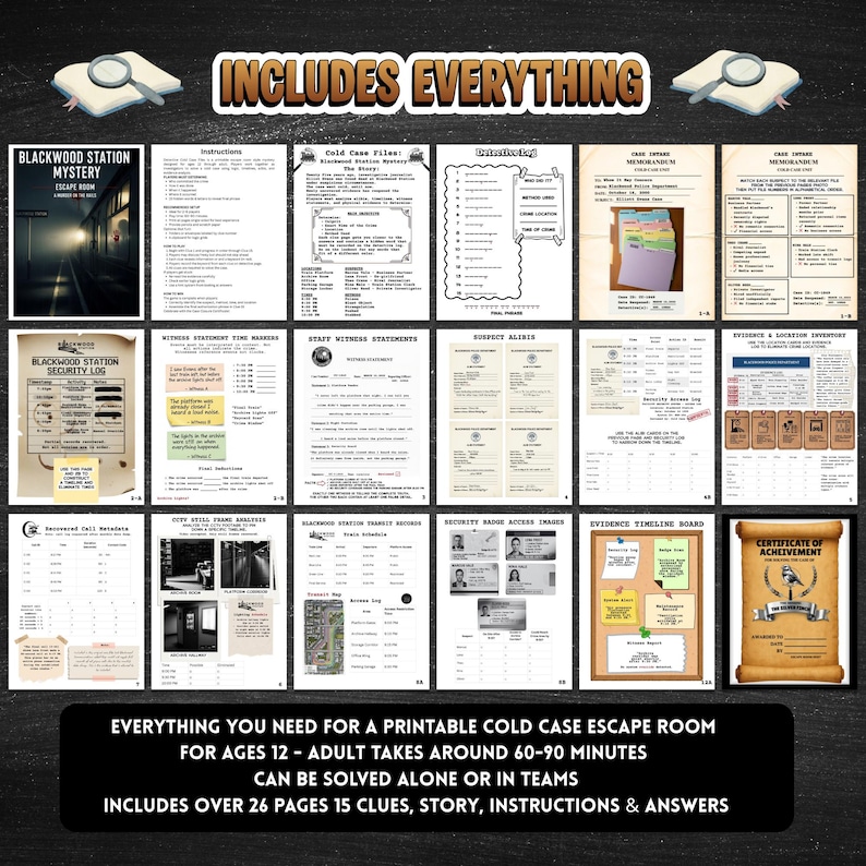 Detective train station murder mystery escape room printable cold case mystery game for teens & adults logic puzzle game night activity with 15  clues or puzzles, instructions, answers and certificate for win, great for ages 12 and up.
