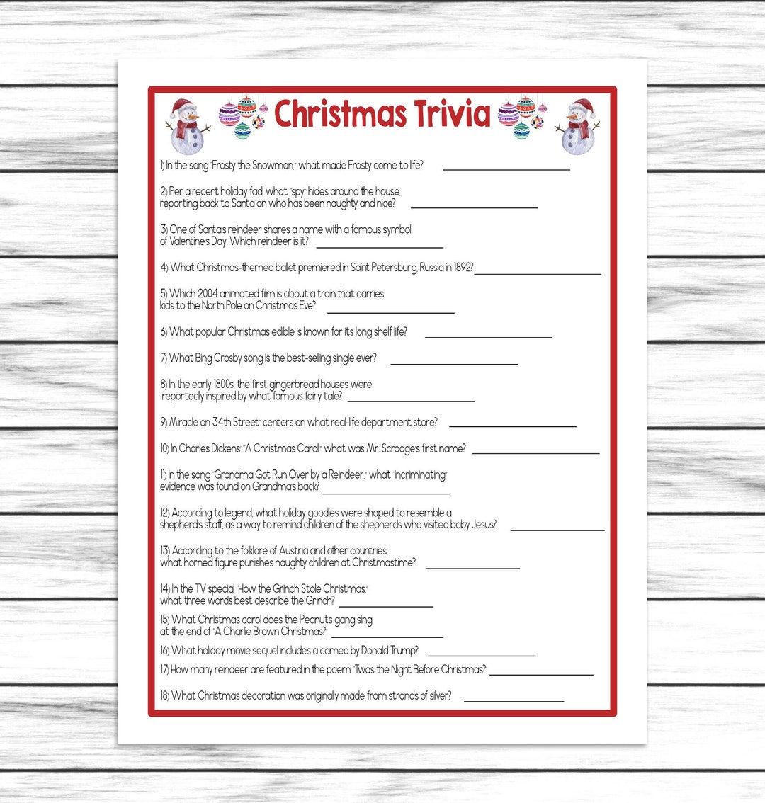 Christmas Trivia Quiz Game, Printable or Virtual Holiday Party Game for ...