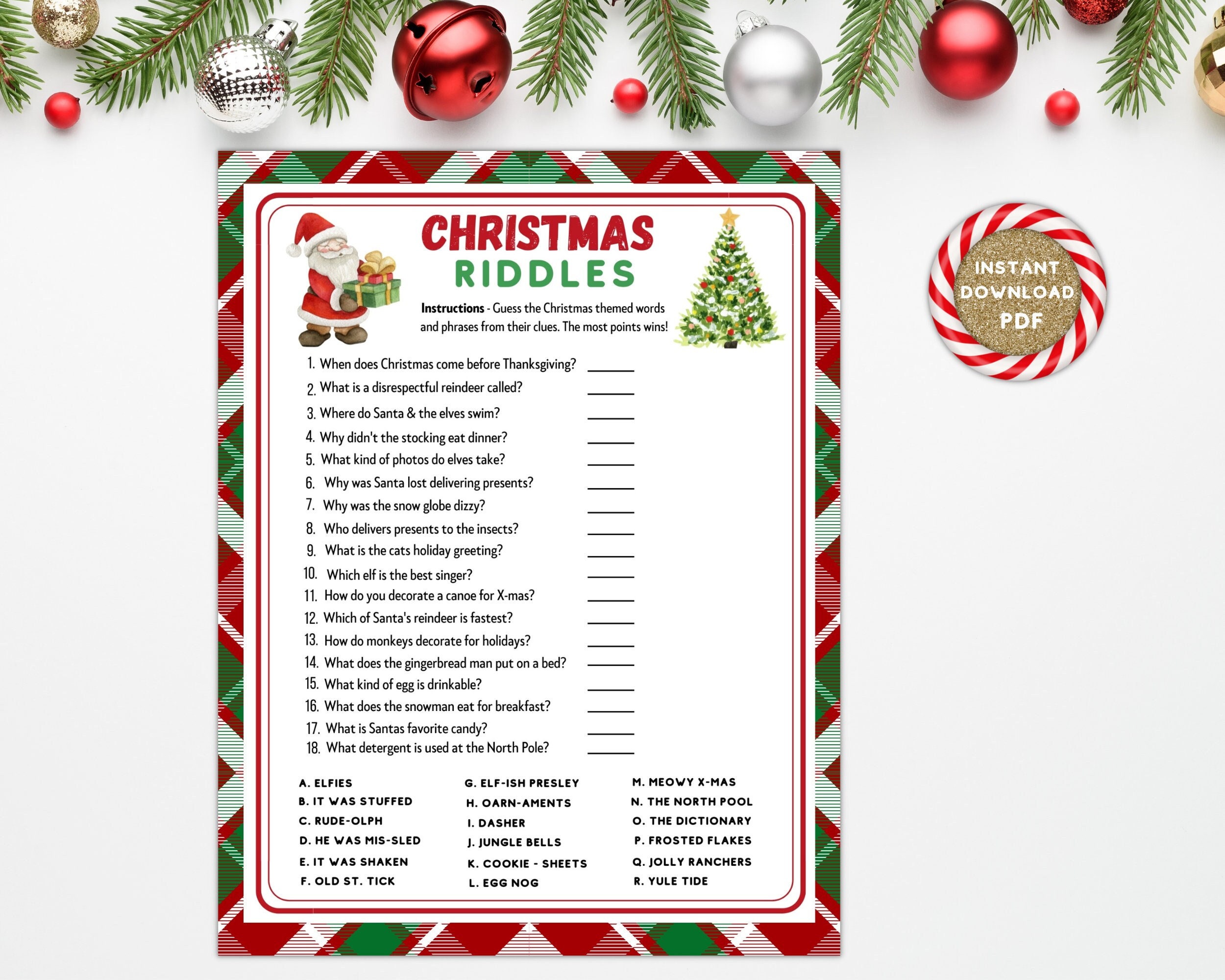Christmas Riddles Game, Printable Xmas Day Trivia, Kids Adults Holiday ...