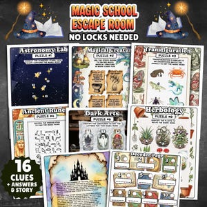 Puede incluir: Un colorido juego de Escape Room de la Escuela de Magia con varios rompecabezas. El juego incluye rompecabezas sobre Astronomía, Criaturas Mágicas, Transfiguración, Runas Antiguas, Artes Oscuras y Herbología. El juego también incluye una página de decodificador y una historia.
