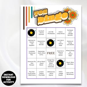 1970s music playlist bingo game 100 unique printable cards plus a Spotify music playlist of the 1970s top 50 greatest hits