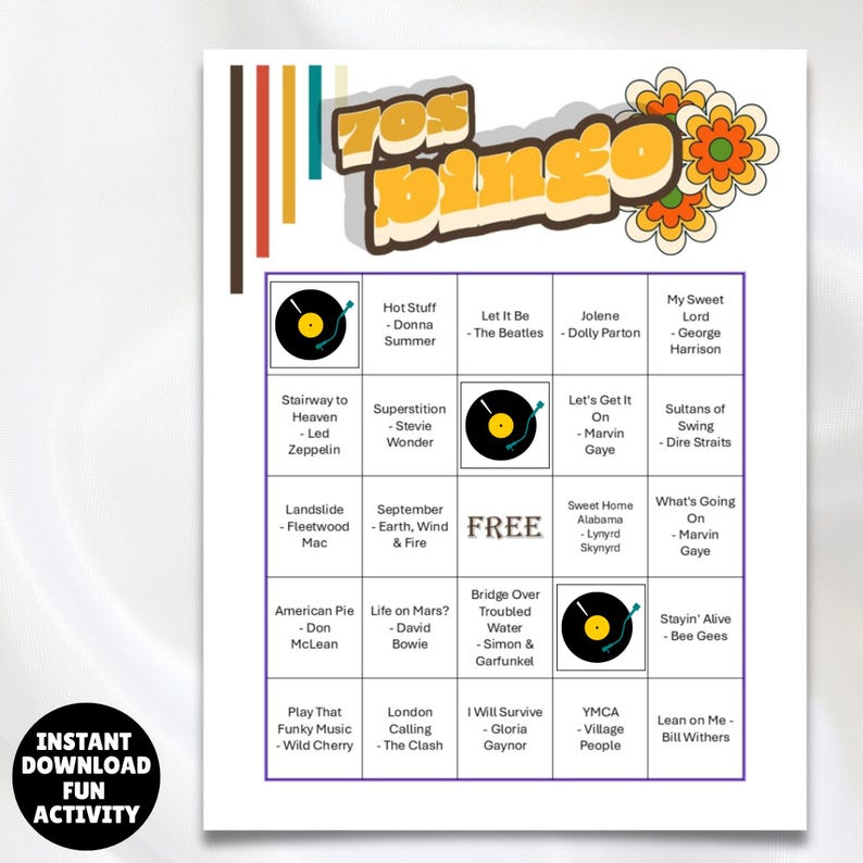 1970s music playlist bingo game 100 unique printable cards plus a Spotify music playlist of the 1970s top 50 greatest hits