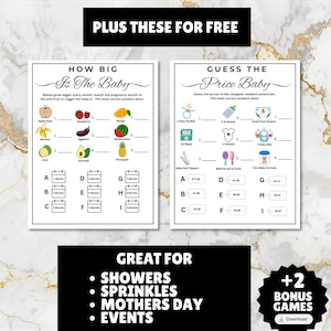 guess the baby song name the baby song printable music trivia game for baby showers and baby sprinkles, fun activity for newborn moms and mommy to be comes with 2 bonus games and a linked Spotify playlist for free with matching songs, guess the baby song name, answers included, just print and play