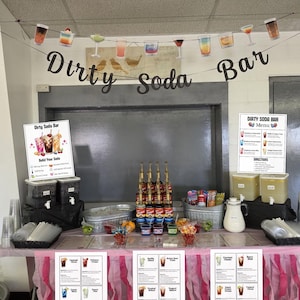 printable dirty soda bar sign template and menu bundle with extra graphics and 30 dirty soda recipes perfect for making your own diy dirty soda station edit on canva with a free account and print instantly great for birthdays, showers, graduation and more