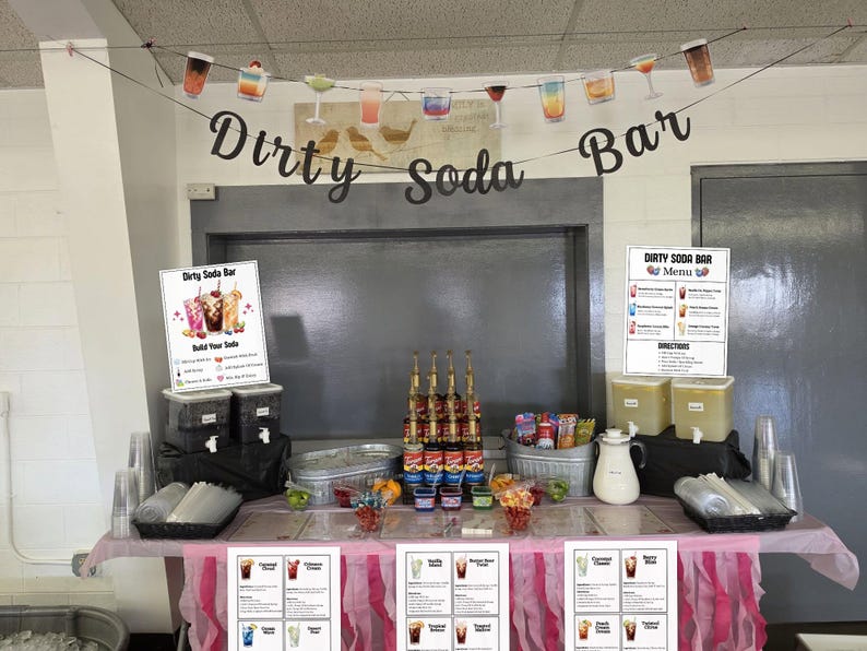 printable dirty soda bar sign template and menu bundle with extra graphics and 30 dirty soda recipes perfect for making your own diy dirty soda station edit on canva with a free account and print instantly great for birthdays, showers, graduation and more