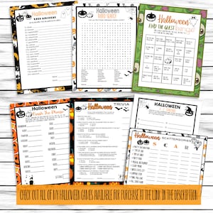 May include: A set of printable Halloween party games featuring a word search, trivia, bingo, and a finish the phrase game. The games are decorated with orange and black pumpkins and ghosts.