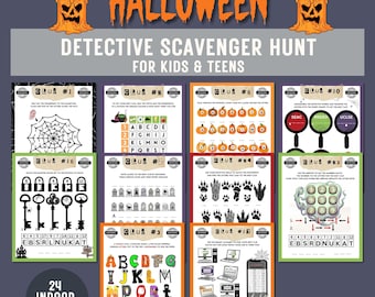 May include: A Halloween detective scavenger hunt printable set for kids and teens featuring 24 indoor clues. The pages include various puzzles, spider webs, pumpkins, keys, and alphabet grids with text such as HALLOWEEN, DETECTIVE SCAVENGER HUNT, and CLUE.