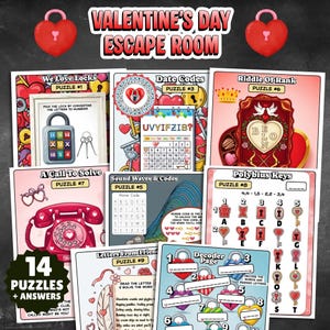 Op de afbeelding: Een Valentijnsdag Escape Room-spelset met 14 puzzels en antwoorden. Het spel bevat puzzels zoals "We Love Locks", "Date Codes" en "Riddle of Rank". Het ontwerp bevat harten, sleutels en romantische thema's, met tekstoverlays.