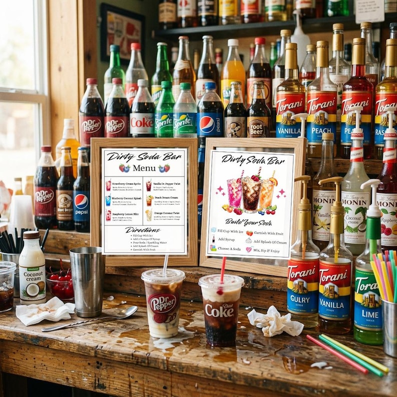 printable dirty soda bar sign template and menu bundle with extra graphics and 30 dirty soda recipes perfect for making your own diy dirty soda station edit on canva with a free account and print instantly great for birthdays, showers, graduation and more