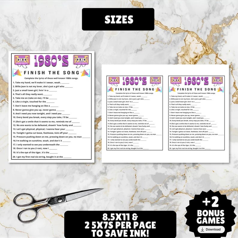printable 1980s themed finish the song, find a guest who music icebreaker game, and 1980s emoji pictionary printable games with answers and Spotify playlist great for birthdays, seniors, church, classroom and baby showers or wedding showers.
