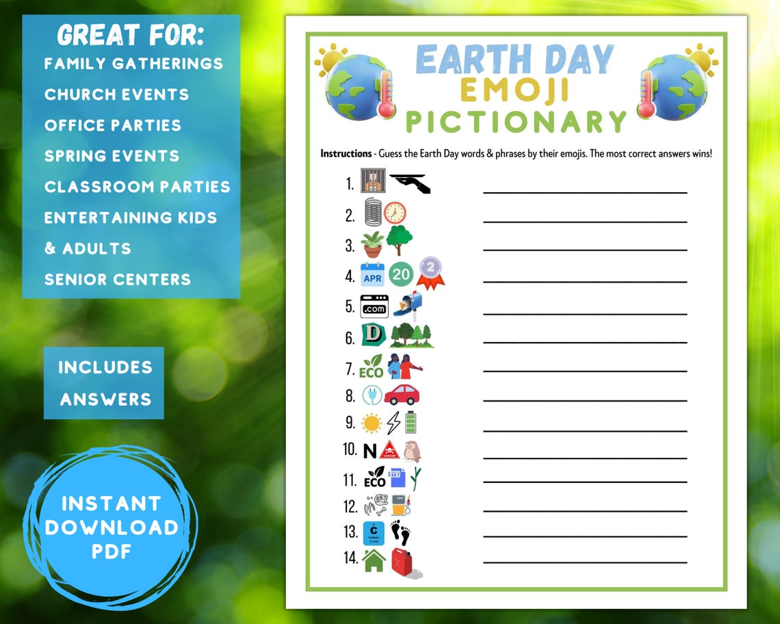 Printable Earth Day Emoji Pictionary Game | Classroom Work Church Party ...