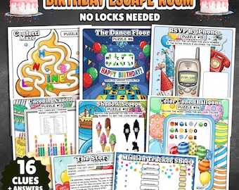 Op de afbeelding: Een ontsnappingsspel met een verjaardagsthema met verschillende puzzels, waaronder een confettimaze, het decoderen van kaarsen en ballonnen met kleurcodes. Het spel bevat 16 aanwijzingen, antwoorden en een verhaal. De tekst luidt "Birthday Escape Room".