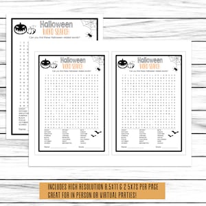 May include: Two printable Halloween word search puzzles featuring a black and orange pumpkin, bats, and a spider web. The puzzles include words like ghost, witches, skeleton, pumpkin, black, pocus, October, and scared.