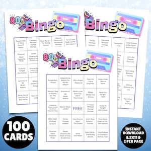 printable 1980s music party bingo cards 100 unique cards instructions and a Spotify music playlist all you have to do is print, and click on the link to set up the game, great for birthdays, 80s parties, senior centers retro parties and more 1980s greatest hits bingo!
