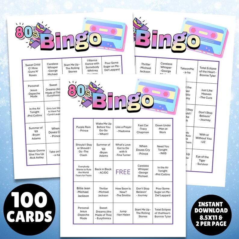printable 1980s music party bingo cards 100 unique cards instructions and a Spotify music playlist all you have to do is print, and click on the link to set up the game, great for birthdays, 80s parties, senior centers retro parties and more 1980s greatest hits bingo!