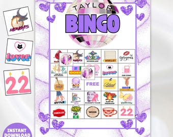 Popstjärne-bingokort | Taylor-bingospel | Utskrivbart musikbingoset | Taylor-låtar, spellista, bingo för flickor, pyjamasaktivitet
