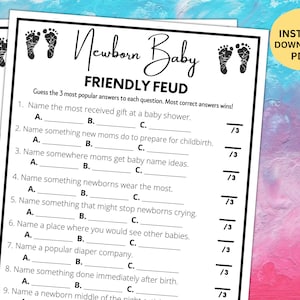Quiz stampabile per baby shower / Gioco &quot;Family Feud&quot; per neonati / Attività con spruzzi di vernice per bambini / Giochi per il brunch / Rustico / PDF scaricabile immediatamente
