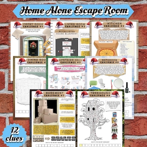 May include: A Home Alone Escape Room game with 12 clues. The game includes challenges like deciphering codes, solving puzzles, and finding secret messages. The challenges are themed around the movie, with images of a front door, a house blueprint, and a treehouse.