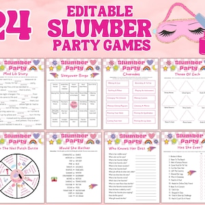 Printable Slumber Party Games Sleepover Activity Bundle Editable Templates | Charades | Tween Teens | Pink Birthday Idea