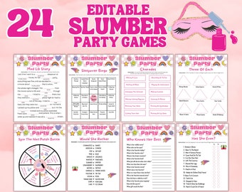 Printable Slumber Party Games Sleepover Activity Bundle Editable Templates | Charades | Tween Teens | Pink Birthday Idea