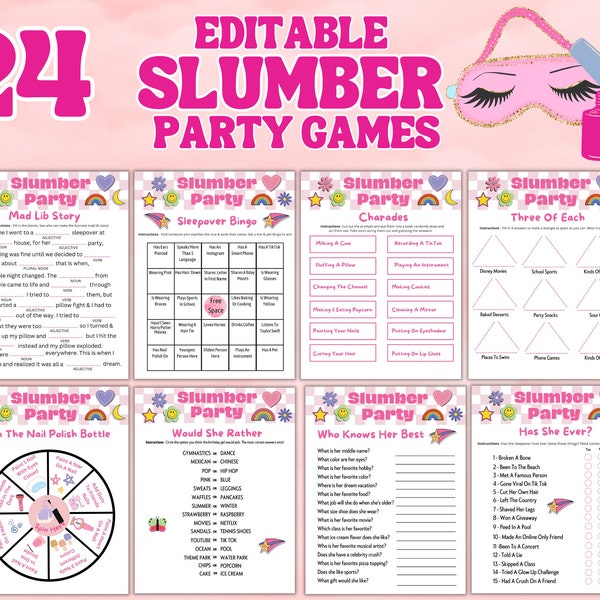 Printable Slumber Party Games Sleepover Activity Bundle Editable Templates | Charades | Tween Teens | Pink Birthday Idea