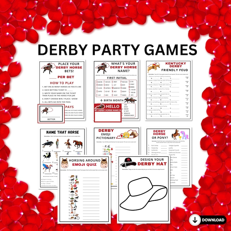 Fun 20 printable game bundle with answers to print and play at your Kentucky derby party for kids and adults, or seniors great for office or classroom parties.