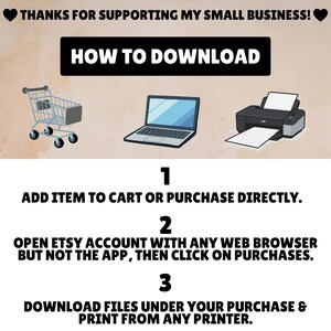 Puede incluir: Un gr&aacute;fico instructivo con el texto "&iexcl;GRACIAS POR APOYAR MI PEQUE&Ntilde;A EMPRESA!" y "C&Oacute;MO DESCARGAR". Presenta un carrito de compras, una computadora port&aacute;til y una impresora, con pasos numerados: agregar al carrito, abrir la cuenta de Etsy y descargar/imprimir.