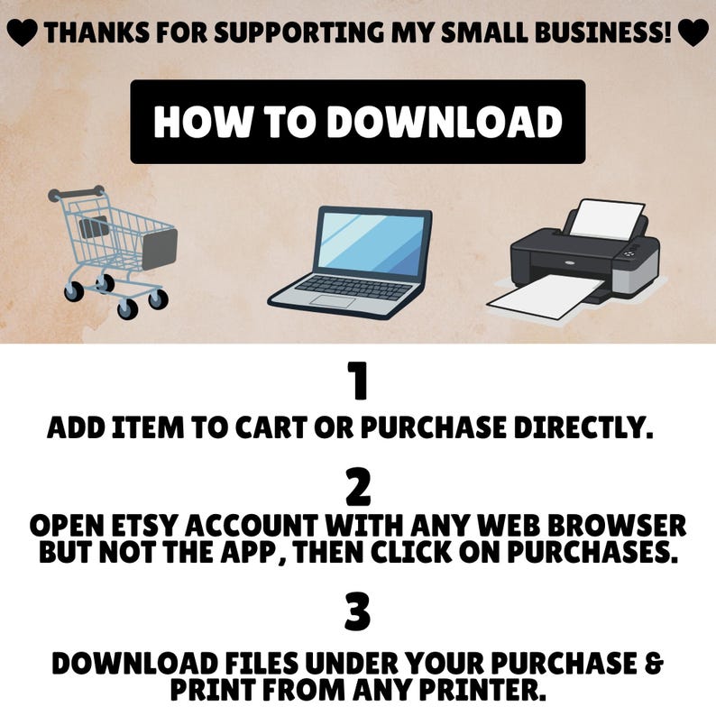 Puede incluir: Un gr&aacute;fico instructivo con el texto "&iexcl;GRACIAS POR APOYAR MI PEQUE&Ntilde;A EMPRESA!" y "C&Oacute;MO DESCARGAR". Presenta un carrito de compras, una computadora port&aacute;til y una impresora, con pasos numerados: agregar al carrito, abrir la cuenta de Etsy y descargar/imprimir.