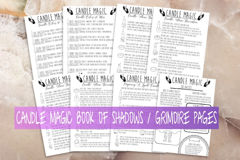 May include: A set of printable pages for a candle magic grimoire or book of shadows. The pages include instructions on candle colors and uses, candle flame divination, preparing a spell candle, and the basics of candle magic.