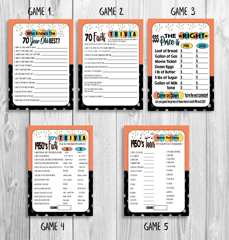 70th birthday games born in 1951 games 1950s trivia how etsy