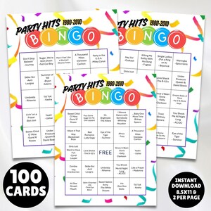 printable 1980s - 2010s music party hits bingo with the greatest hits from several decades 100 unique bingo cards and markers plus instructions all you need is the players and to print the cards great for birthdays, parties, showers and more.
