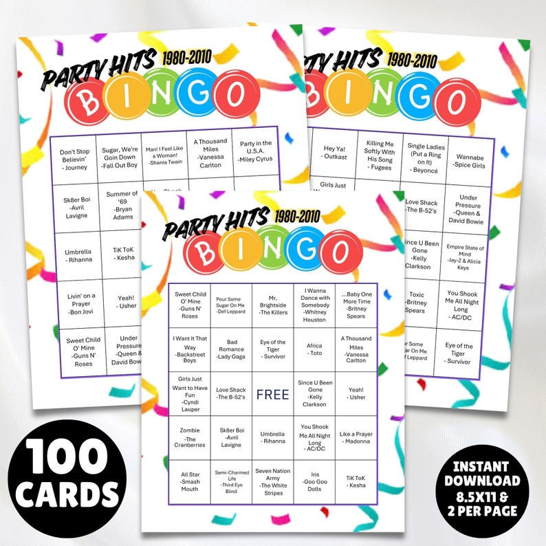 printable 1980s - 2010s music party hits bingo with the greatest hits from several decades 100 unique bingo cards and markers plus instructions all you need is the players and to print the cards great for birthdays, parties, showers and more.