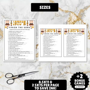 printable 1970s themed finish the song, find a guest who music icebreaker game, and 1970s emoji pictionary printable games with answers and Spotify playlist great for birthdays, seniors, church, classroom and baby showers or wedding showers.