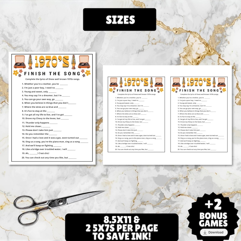 printable 1970s themed finish the song, find a guest who music icebreaker game, and 1970s emoji pictionary printable games with answers and Spotify playlist great for birthdays, seniors, church, classroom and baby showers or wedding showers.
