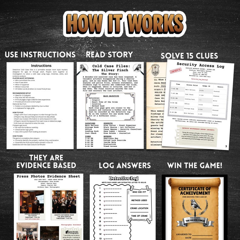 Detective escape room printable cold case mystery game for teens & adults logic puzzle game night activity with 15  clues or puzzles, instructions, answers and certificate for win, great for ages 12 and up.