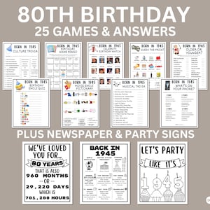 Bundel met afdrukbare games 80e verjaardag | Feestidee geboren in 1945 | 80e verjaardagsfeestje Activiteiten Man Vrouw 1945 Krant Poster Trivia Quiz