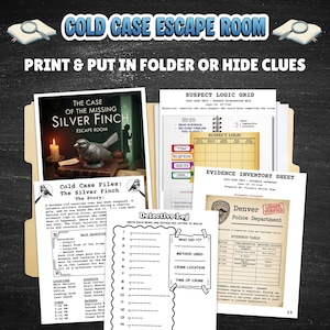 Detective escape room printable cold case mystery game for teens & adults logic puzzle game night activity with 15  clues or puzzles, instructions, answers and certificate for win, great for ages 12 and up.