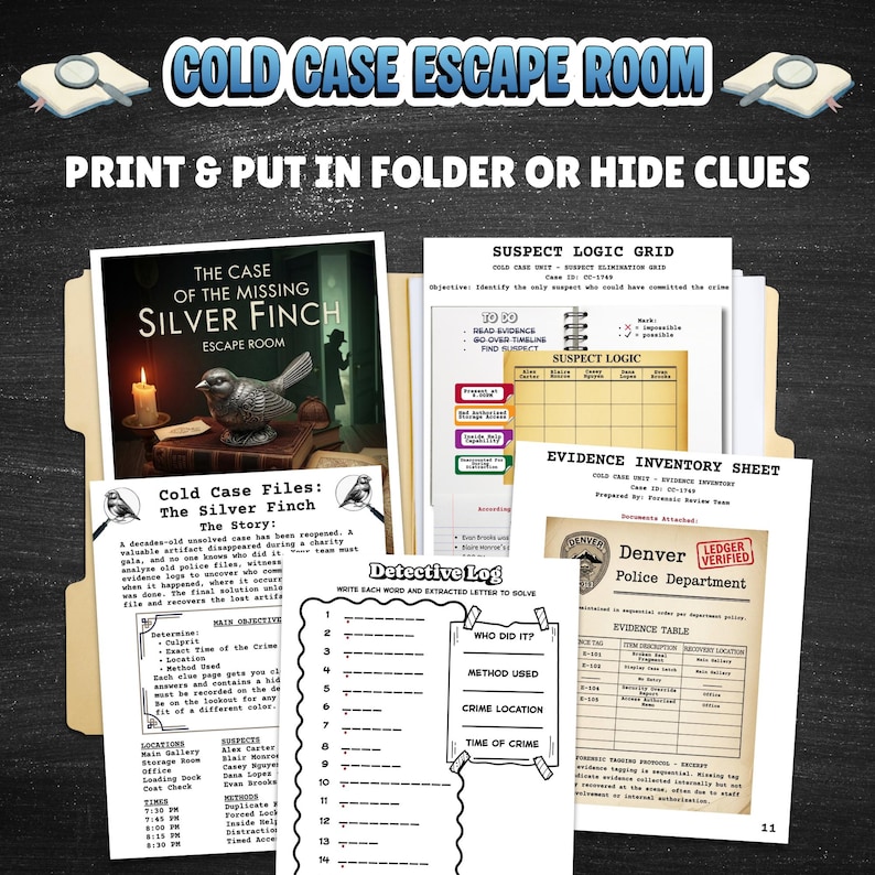Detective escape room printable cold case mystery game for teens & adults logic puzzle game night activity with 15  clues or puzzles, instructions, answers and certificate for win, great for ages 12 and up.