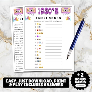 printable 1980s themed finish the song, find a guest who music icebreaker game, and 1980s emoji pictionary printable games with answers and Spotify playlist great for birthdays, seniors, church, classroom and baby showers or wedding showers.