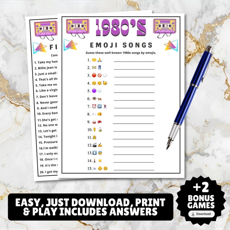 printable 1980s themed finish the song, find a guest who music icebreaker game, and 1980s emoji pictionary printable games with answers and Spotify playlist great for birthdays, seniors, church, classroom and baby showers or wedding showers.