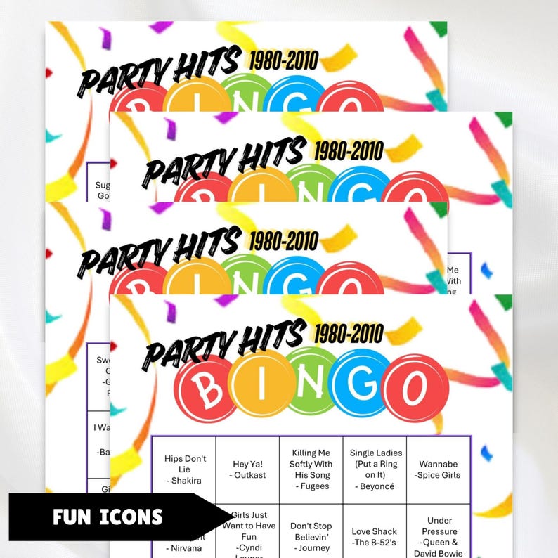 printable 1980s - 2010s music party hits bingo with the greatest hits from several decades 100 unique bingo cards and markers plus instructions all you need is the players and to print the cards great for birthdays, parties, showers and more.