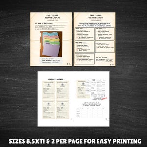 May include: A vintage-style case file memorandum with the text "CASE INTAKE MEMORANDUM COLD CASE UNIT". The document includes sections for case details, suspect information, and a timeline. The text "SIZES 8.5X11 & 2 PER PAGE FOR EASY PRINTING" is at the bottom.