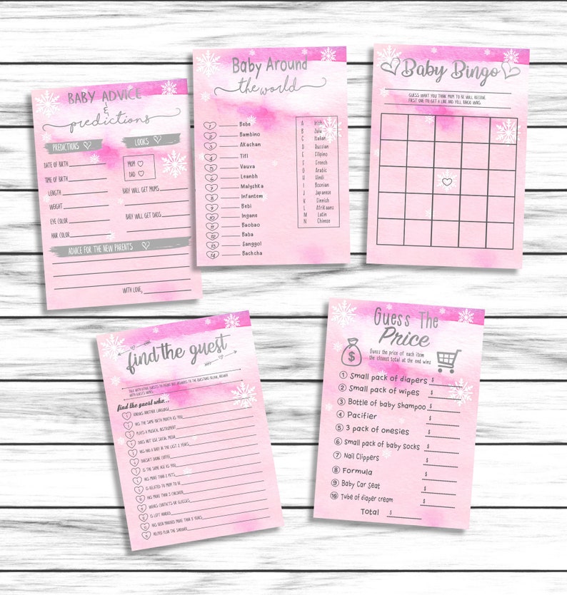 Labor or Beer or Baby Girls Baby Shower Games Bundle Pink Baby Its Cold Outside Snowflakes Winter Wonderland Printable