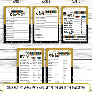 May include: A set of printable party game cards with a 70s theme. The games include "Who Knows the 50 Year Old Best?", "50 Facts Trivia", "The Right Price Is", "1970's Facts Trivia", and "1970's Tunes".