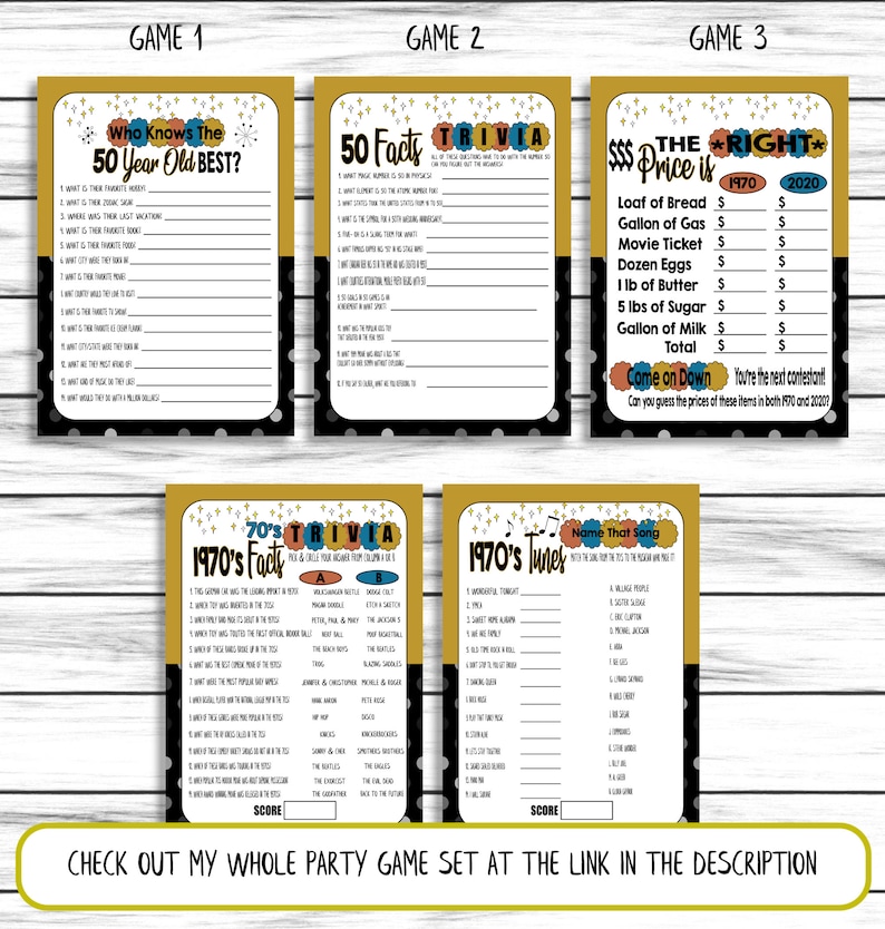 May include: A set of printable party game cards with a 70s theme. The games include "Who Knows the 50 Year Old Best?", "50 Facts Trivia", "The Right Price Is", "1970's Facts Trivia", and "1970's Tunes".