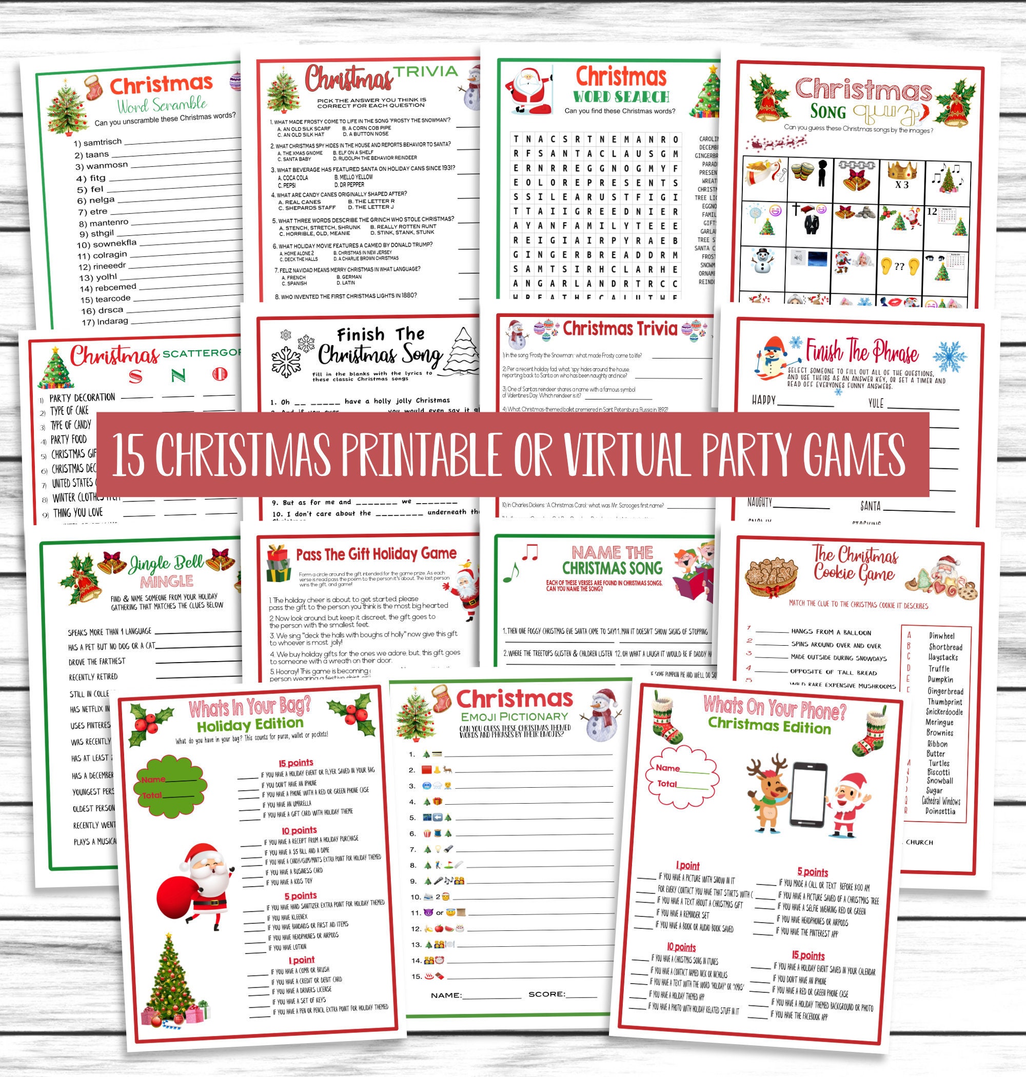 15 Christmas Games Bundle, Christmas Activity Set, Xmas Party Games, Printable or Virtual, For Kids Adults, Office Party Ideas, Instant
