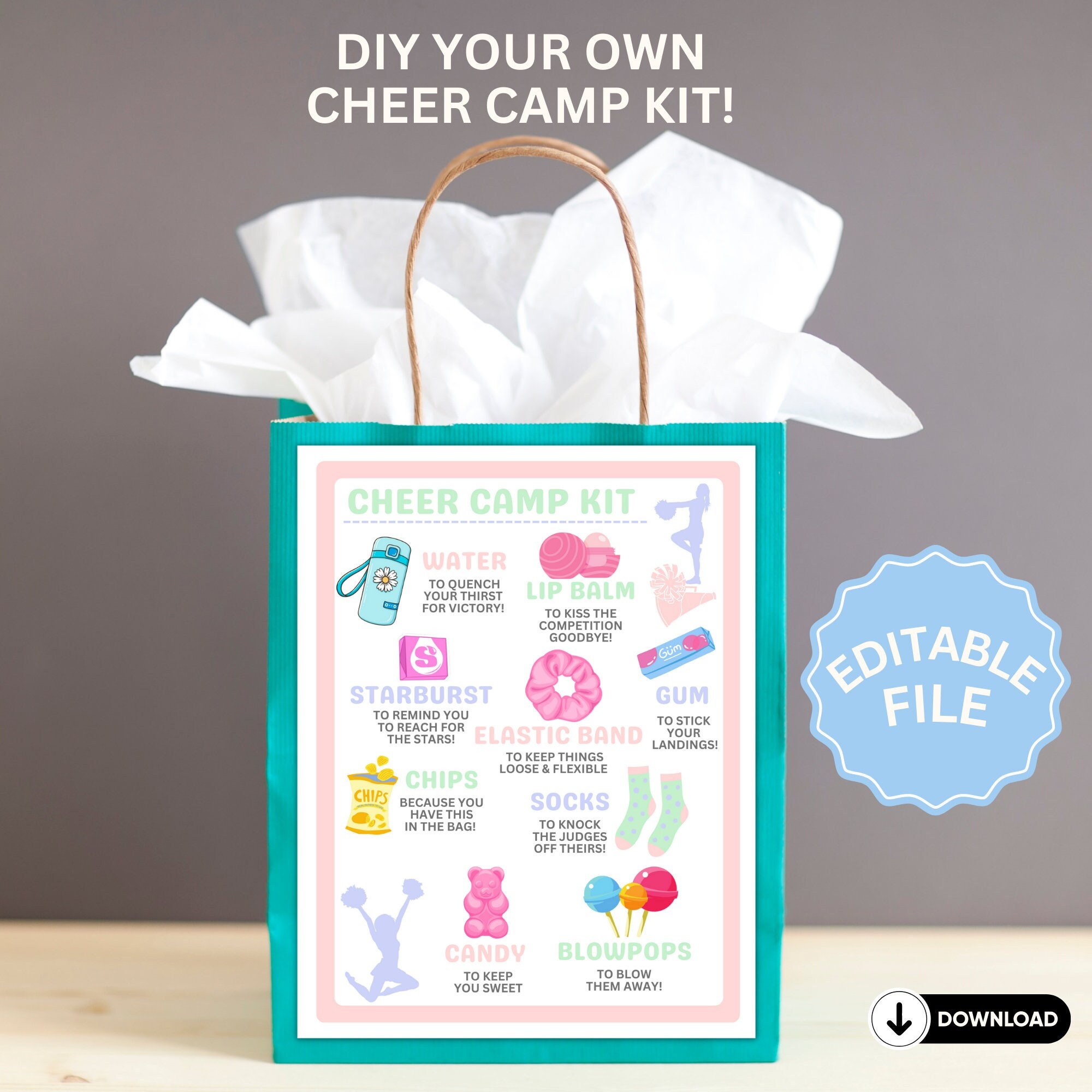 Editable DIY Cheer Camp Survival Kit Printable Gift Bag Flyer | Cheer ...